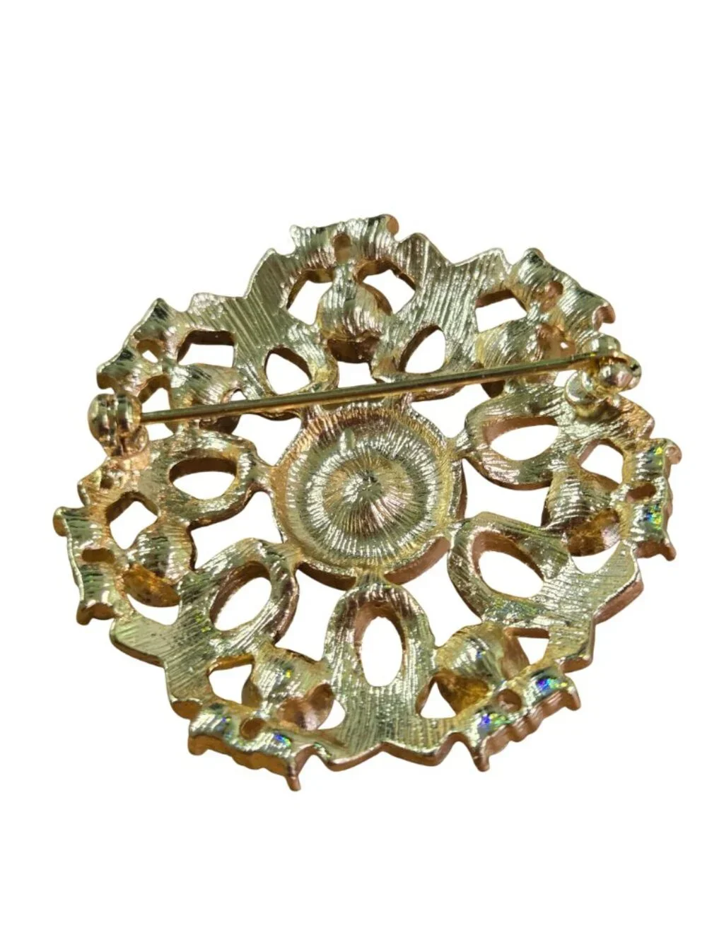 Mid Century Vintage Round Jewel Tone Stone Brooch Stunning Costume Jewelry 1.5